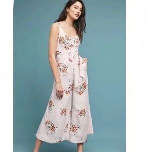 Anthropologie Adia pink floral jumpsuit Akemi Kin wide leg linen blend, size 8